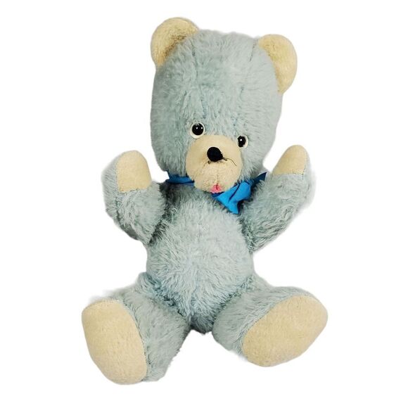 Vintage Teddy Bear Plush Blue Moveable Arms Head Bow Tongue Out Stuffed Animal - Picture 12 of 12